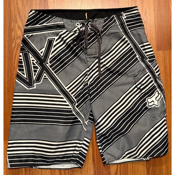 Fox Racing Board Shorts Mens 34 11" White Black Striped Swim Trunks - Picture 1 of 6